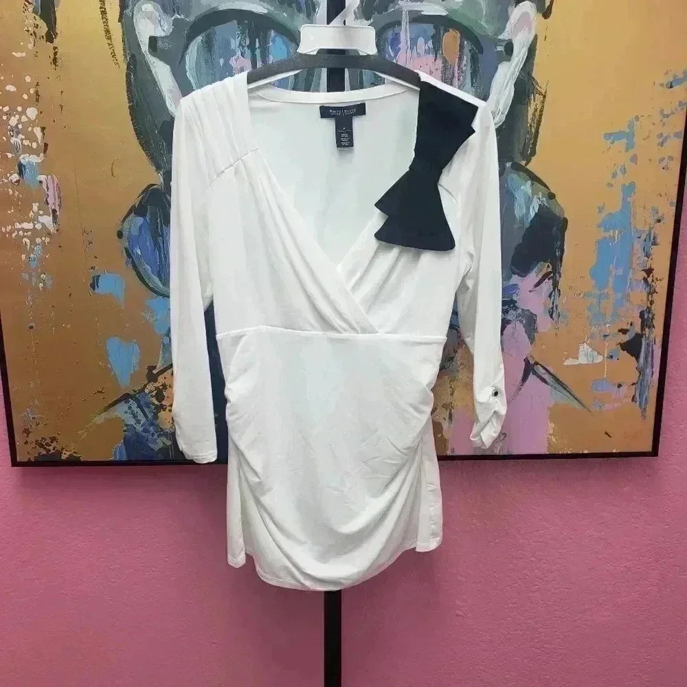 White House Black Market White Top with Black Bow